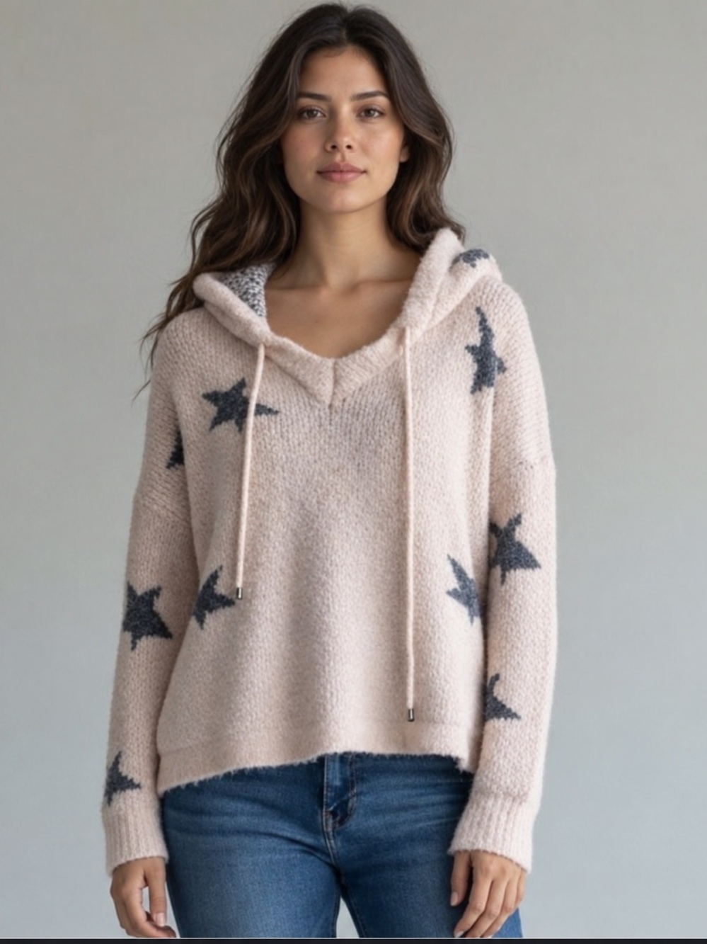 POL Star Print Fuzzy Hooded Cardigan Size S